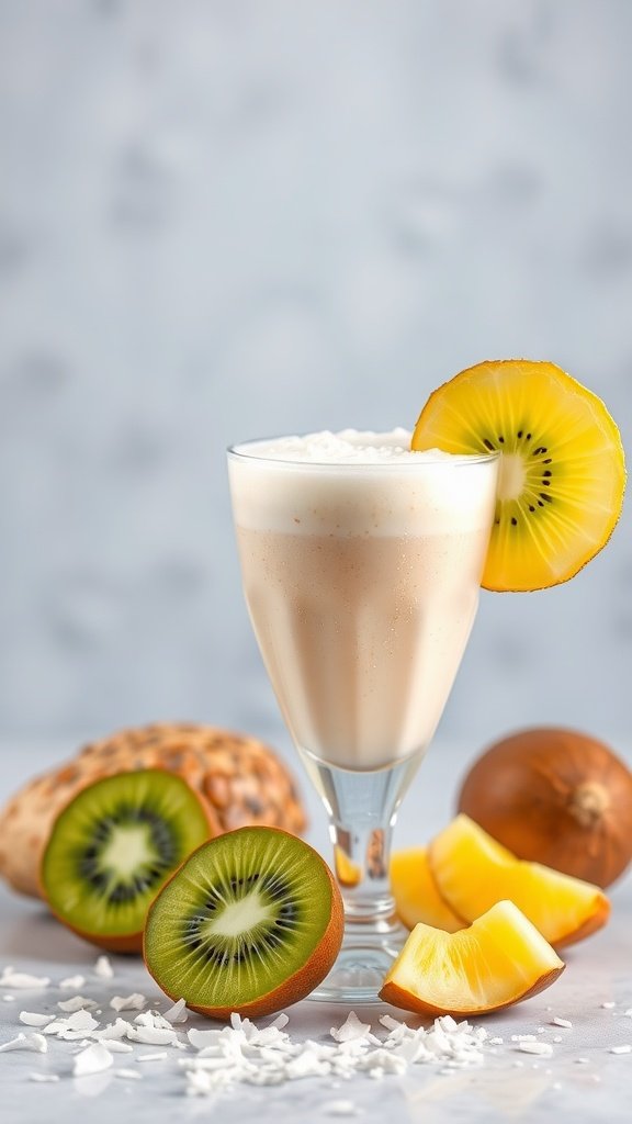A refreshing Kiwi Pineapple Smoothie with Coconut, garnished with a slice of kiwi and pineapple, surrounded by fresh fruit.