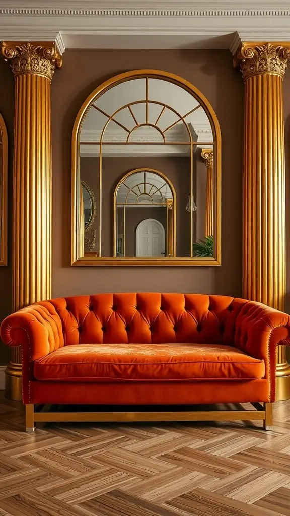 A flame orange couch with tufted design and gold accents in a stylish living room