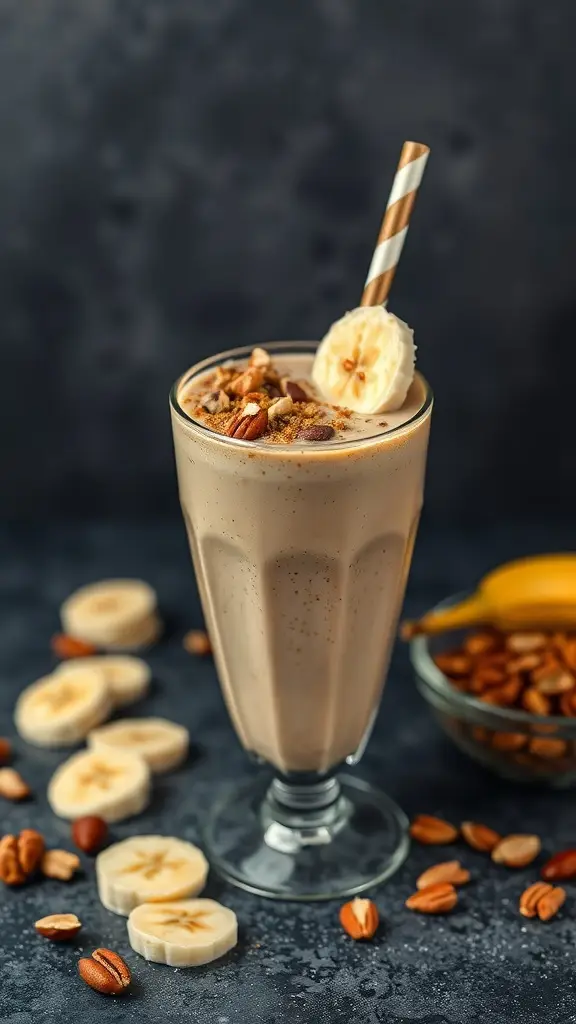 A delicious Caramelized Banana Nut Smoothie in a glass with a straw, topped with banana slices and nuts.