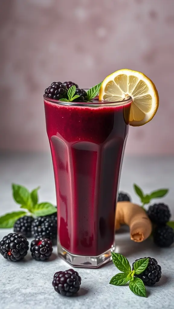 A refreshing blackberry ginger smoothie in a tall glass, garnished with lemon and mint leaves.