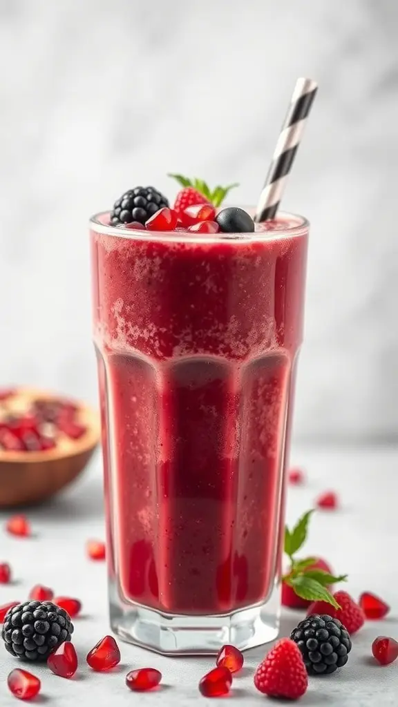 A vibrant Pomegranate Berry Smoothie topped with fresh berries and mint, served in a tall glass.