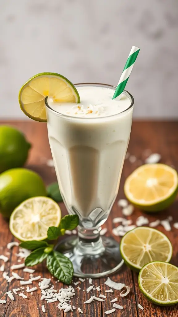 A refreshing Coconut Lime Smoothie in a glass with lime slices and shredded coconut around it.