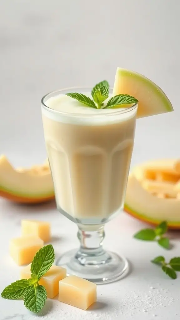 A refreshing Honeydew Mint Smoothie in a glass, garnished with mint leaves and a slice of honeydew.