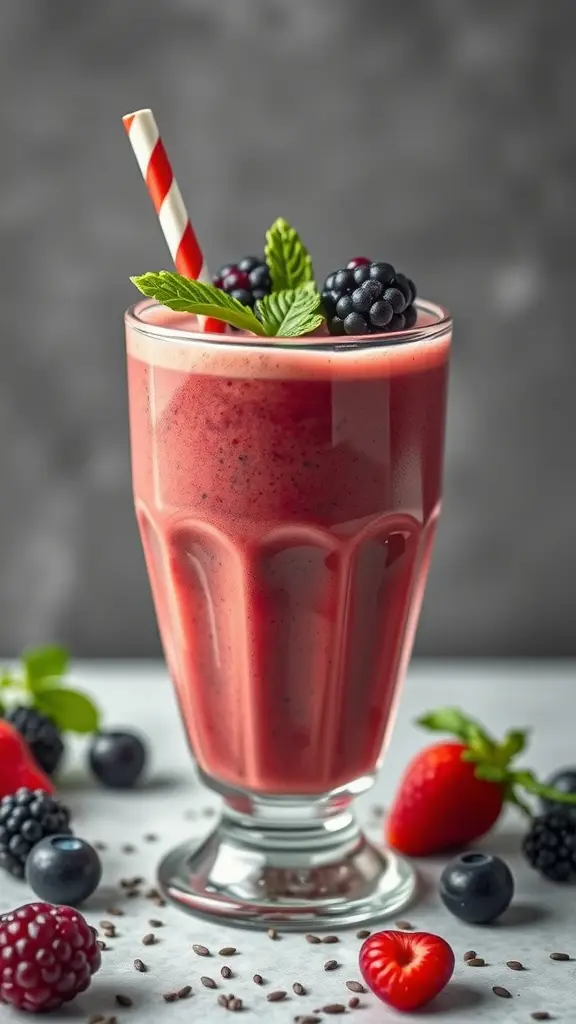 A refreshing Chia Seed Berry Smoothie in a glass, garnished with mint and berries.