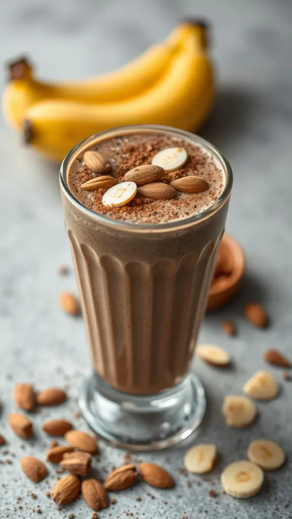 A delicious chocolate banana smoothie topped with almonds, with bananas in the background.