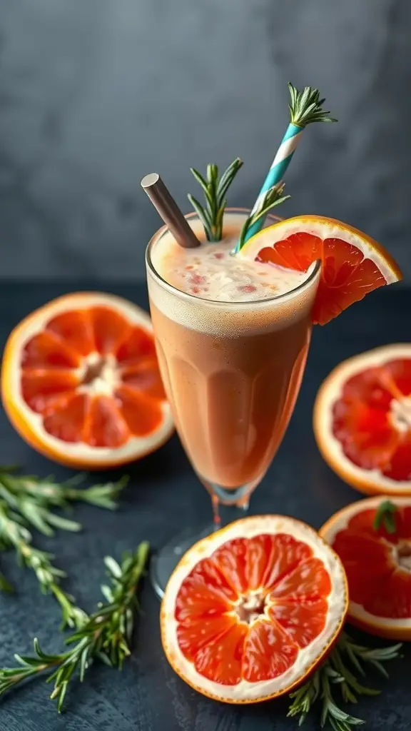 A refreshing grapefruit rosemary smoothie in a glass, garnished with rosemary and a slice of grapefruit, surrounded by grapefruit halves.