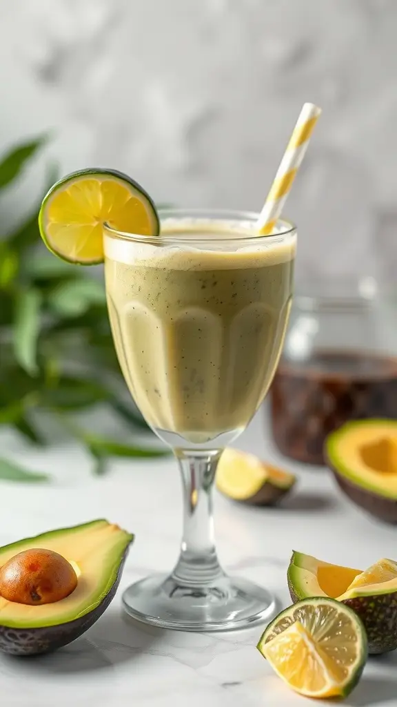 A refreshing Tropical Avocado Smoothie in a glass, garnished with lime, surrounded by fresh avocado and citrus fruits.