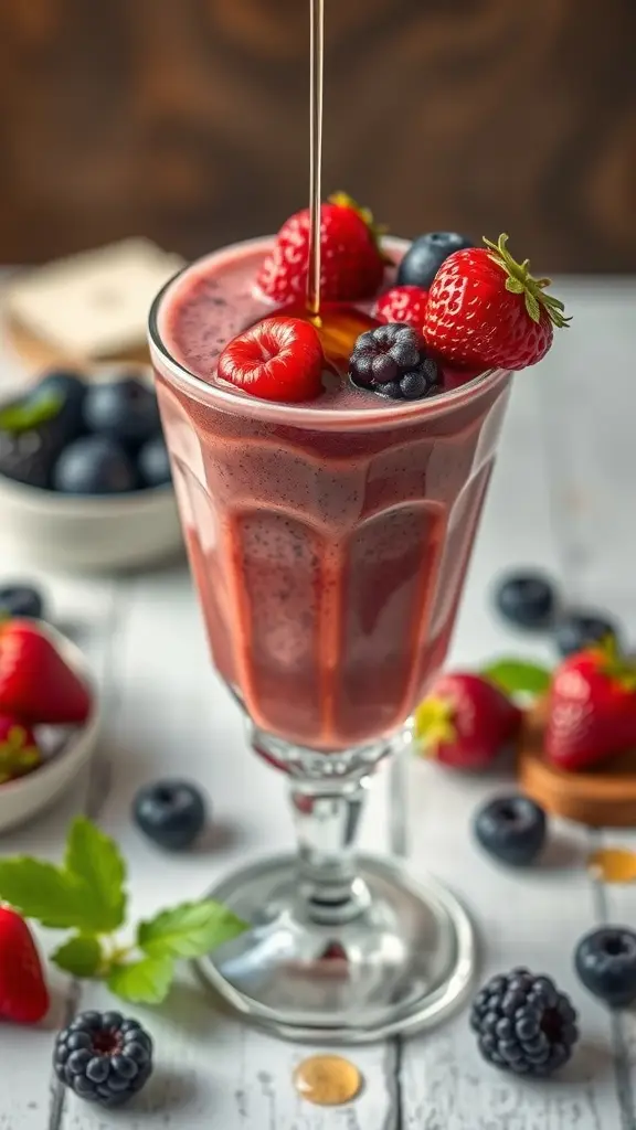 A refreshing Berry Medley Smoothie with honey drizzling on top, surrounded by fresh berries.