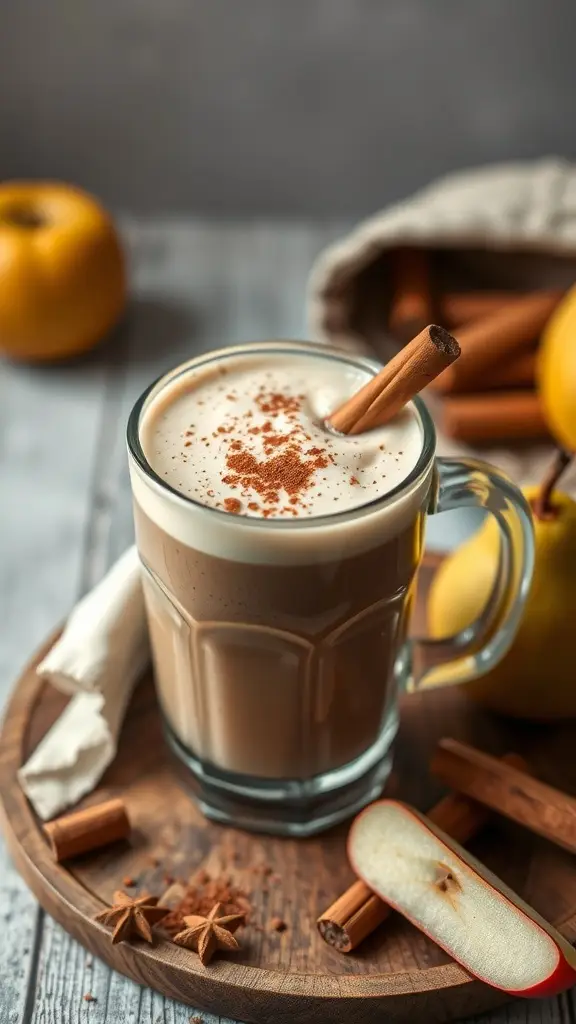 A glass of Cinnamon Pear Smoothie garnished with a cinnamon stick, surrounded by fresh pears and cinnamon sticks.