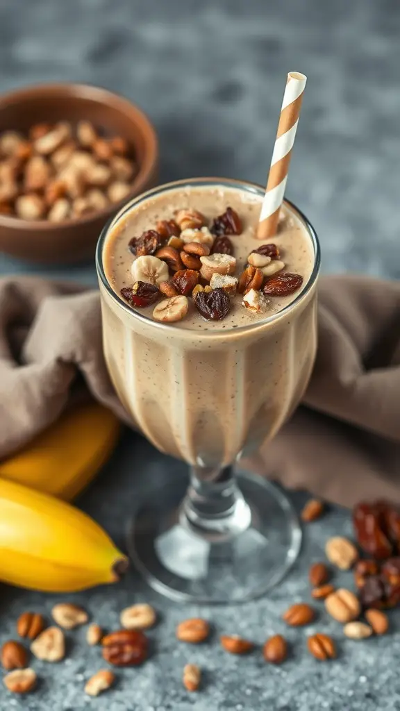 A delicious Nutty Banana Date Smoothie topped with nuts and a straw, surrounded by bananas and mixed nuts.