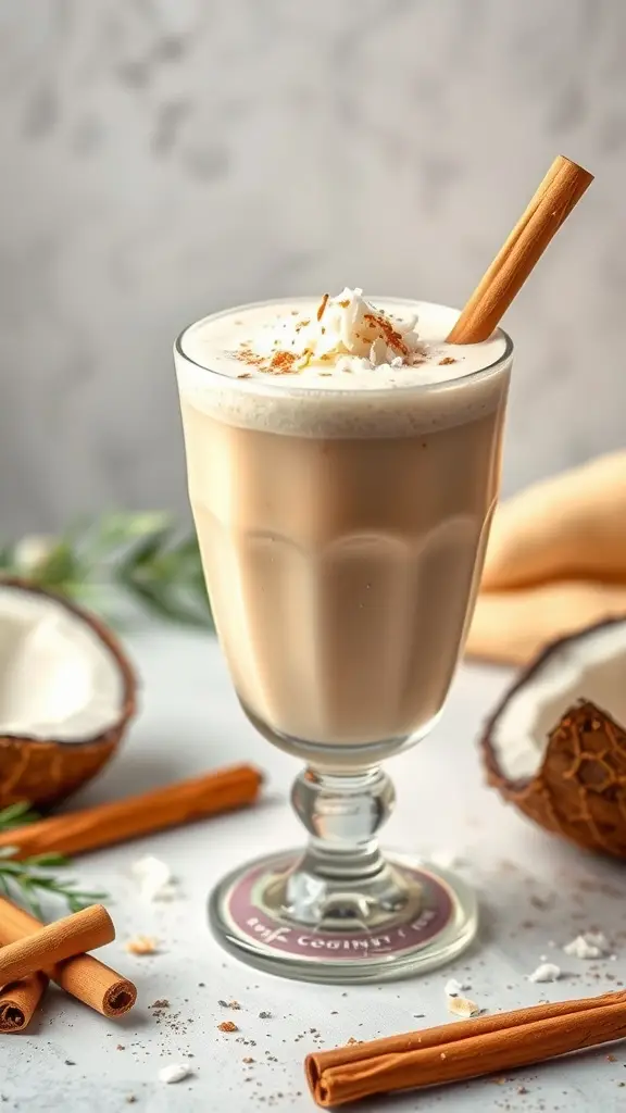 A creamy Coconut Chai Smoothie topped with coconut flakes and a cinnamon stick, surrounded by coconut halves and cinnamon sticks.