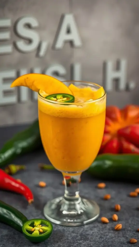 A vibrant Spicy Mango Jalapeño Smoothie garnished with a slice of mango and jalapeño.