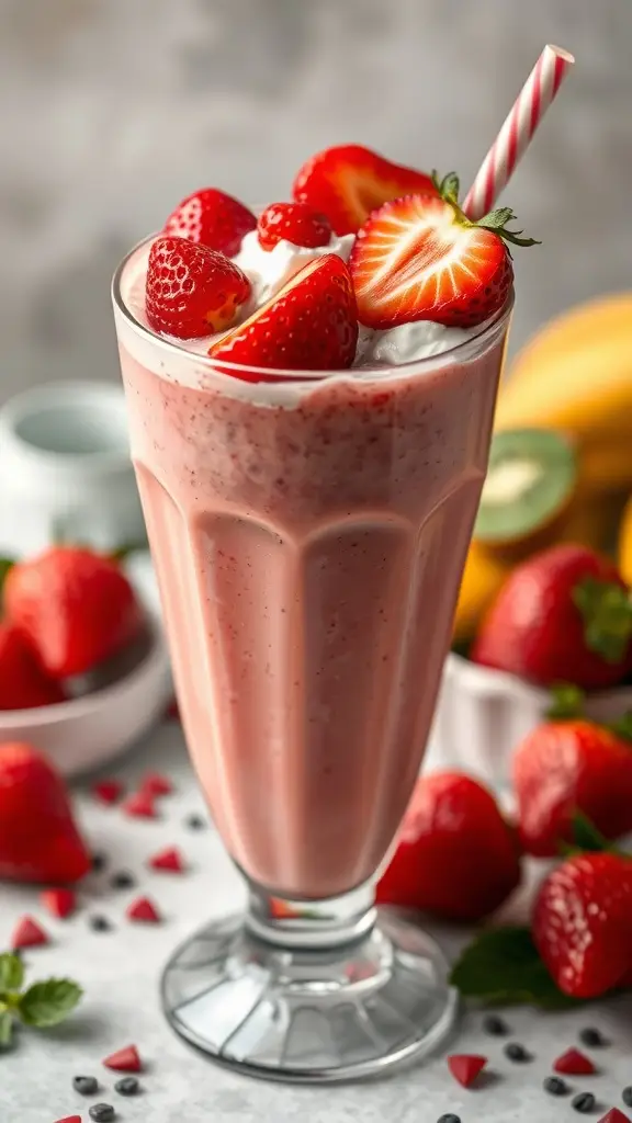 A refreshing strawberry kiwi smoothie topped with whipped cream and fresh fruit garnishes.