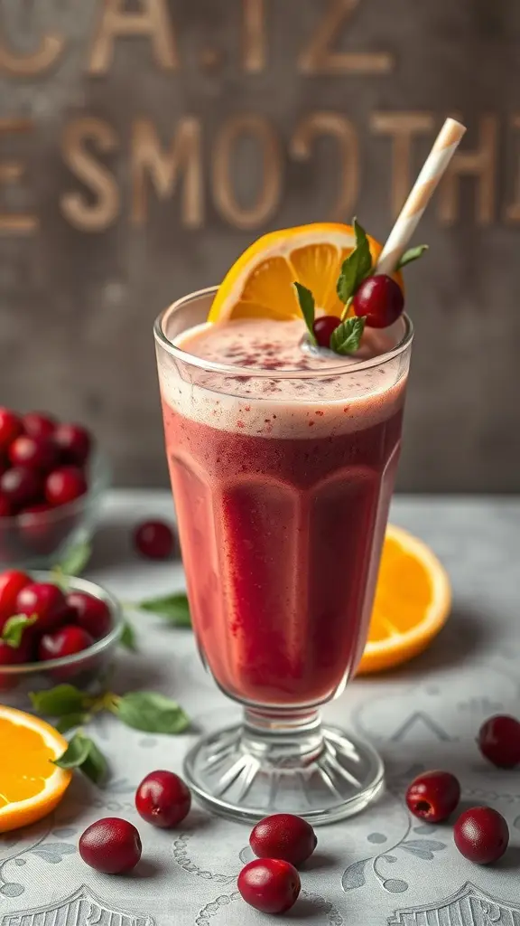 A vibrant cranberry orange smoothie garnished with an orange slice and cranberries.