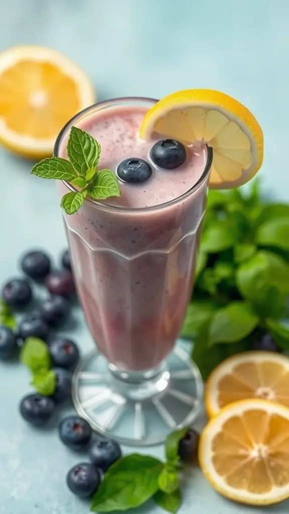 A refreshing Lemon Basil Blueberry Smoothie in a glass, garnished with lemon and blueberries.