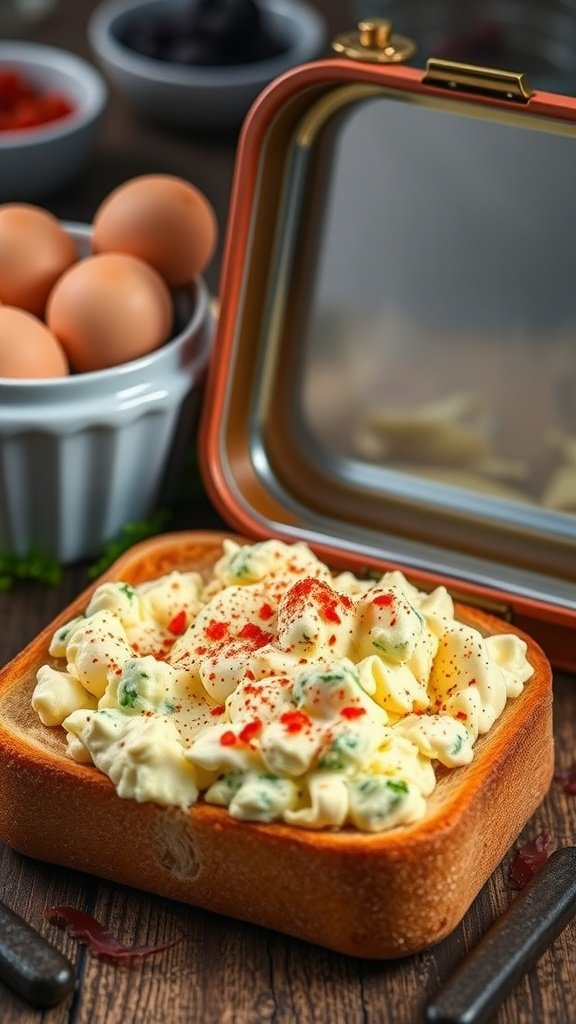 A delicious deviled egg salad on toast, garnished with paprika, ready for a kids lunch box.