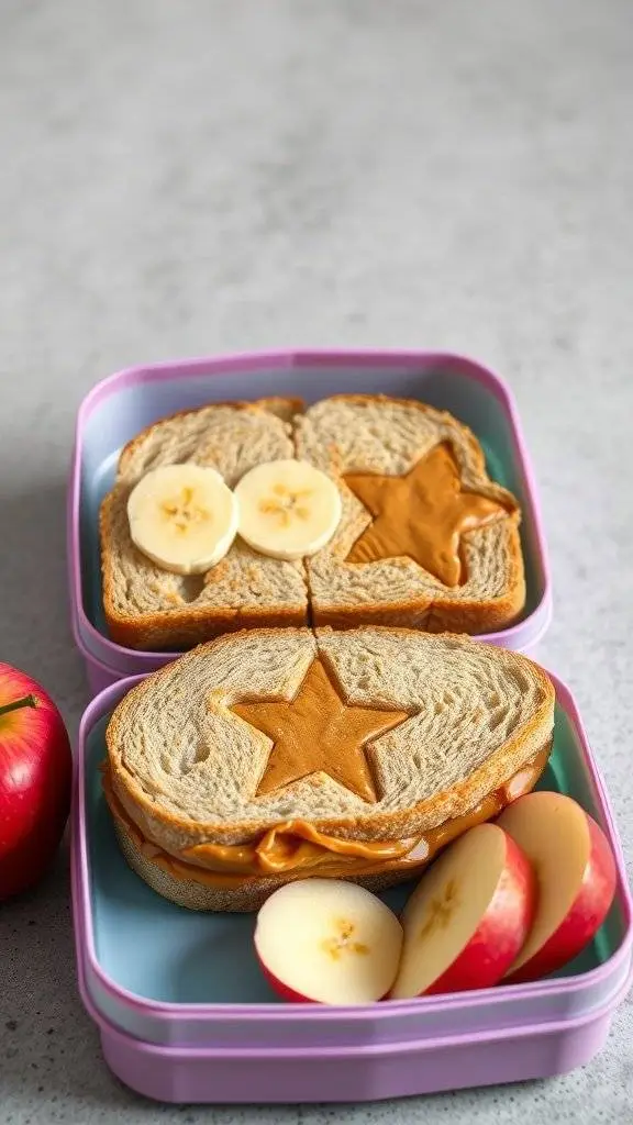 A peanut butter and banana sandwich cut into star shapes, served with apple slices in a lunch box.