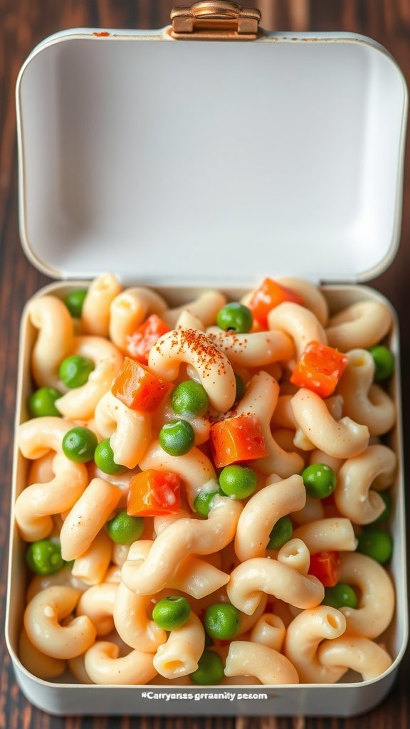 A serving of classic macaroni salad in a lunch box, featuring elbow macaroni, peas, and carrots.