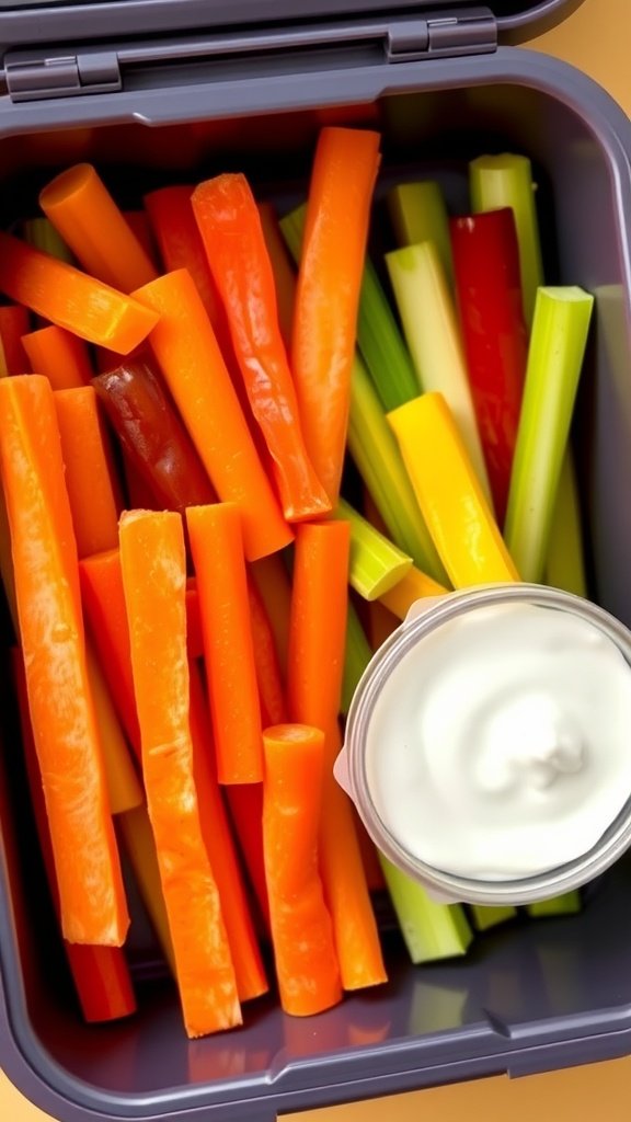 A lunch box filled with colorful vegetable sticks and a small container of ranch dip.