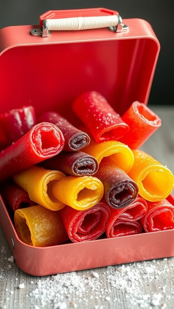 A red lunchbox filled with colorful homemade fruit roll-ups.
