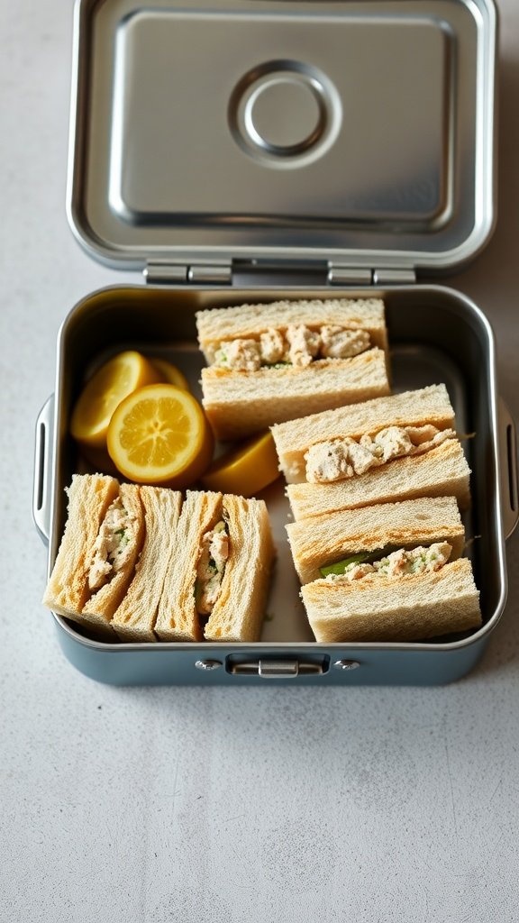 Tuna salad finger sandwiches in a lunch box with lemon slices