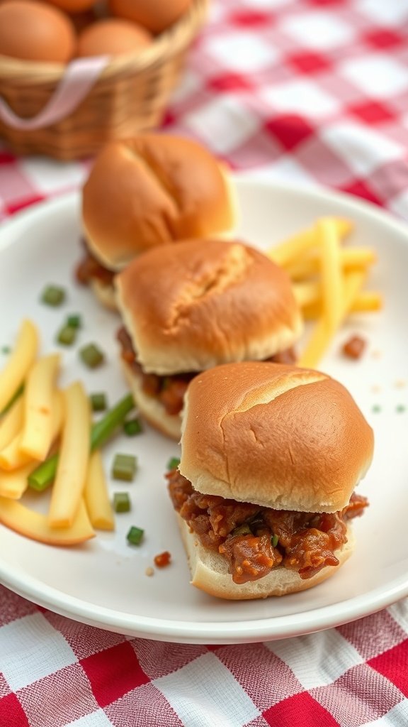 Mini Sloppy Joe Sliders on a plate with fries and cheese