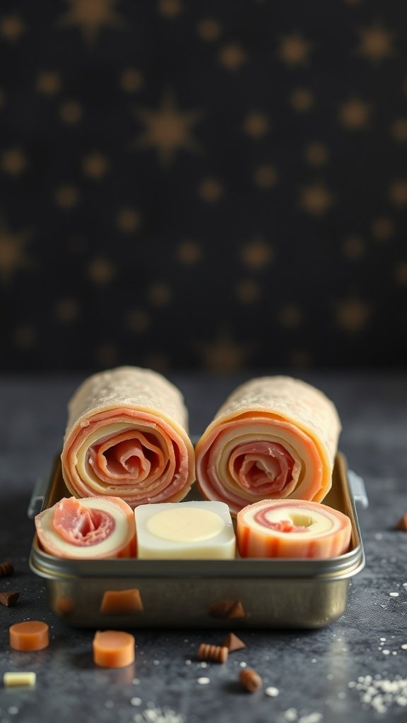 Ham and cheese roll-ups in a lunch box