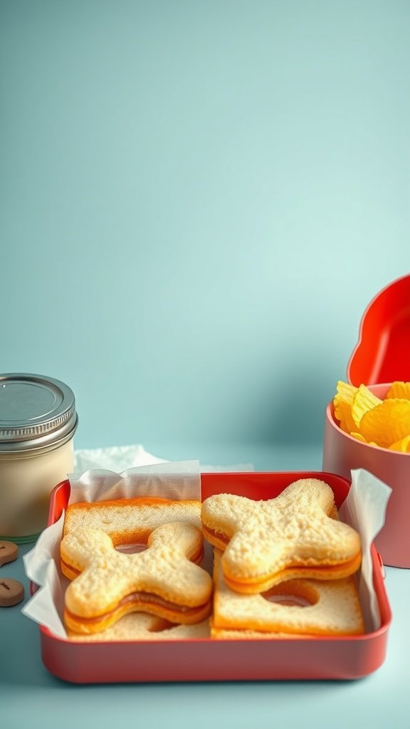 A colorful lunch box containing bologna and cheese sandwiches cut into fun shapes, with chips and a jar of dessert.
