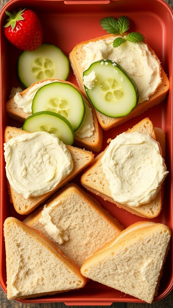Cucumber sandwiches with cream cheese in a lunch box