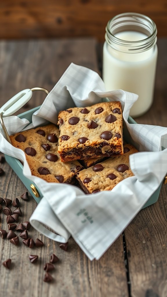 A basket of chocolate chip cookie bars with a glass of milk