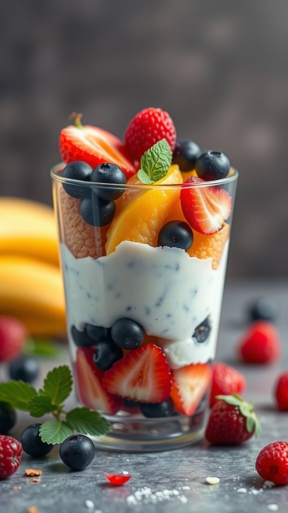 A colorful fruit and yogurt parfait with layers of strawberries, blueberries, and peaches topped with granola.
