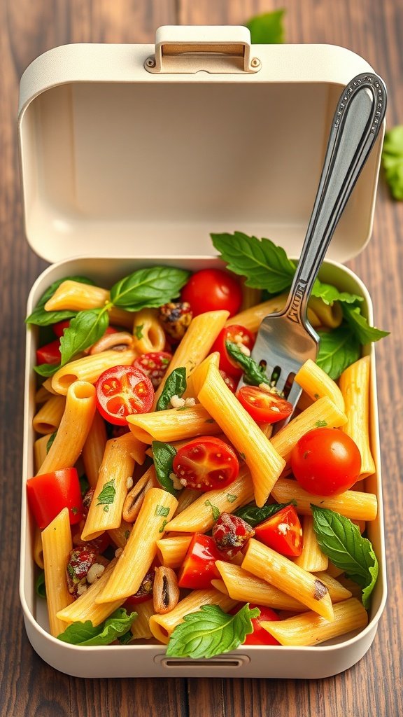 A colorful pasta salad with cherry tomatoes, bell peppers, and basil in a lunch box.