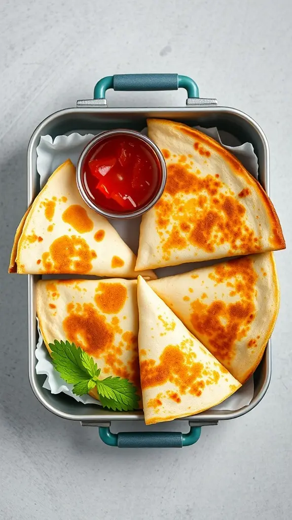 A lunch box containing cheese quesadillas with a side of salsa.