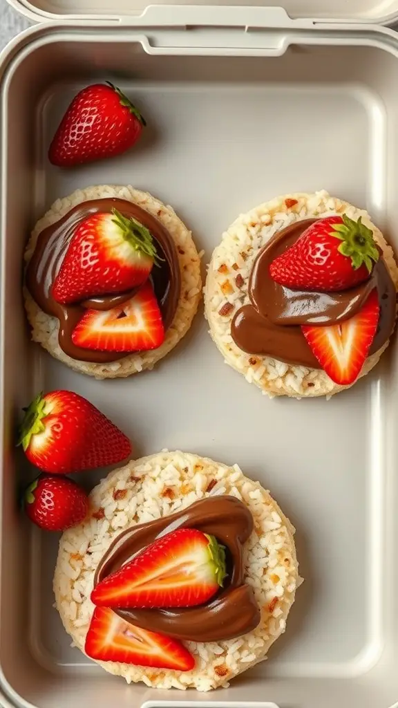 Rice cakes topped with Nutella and strawberries in a lunch box
