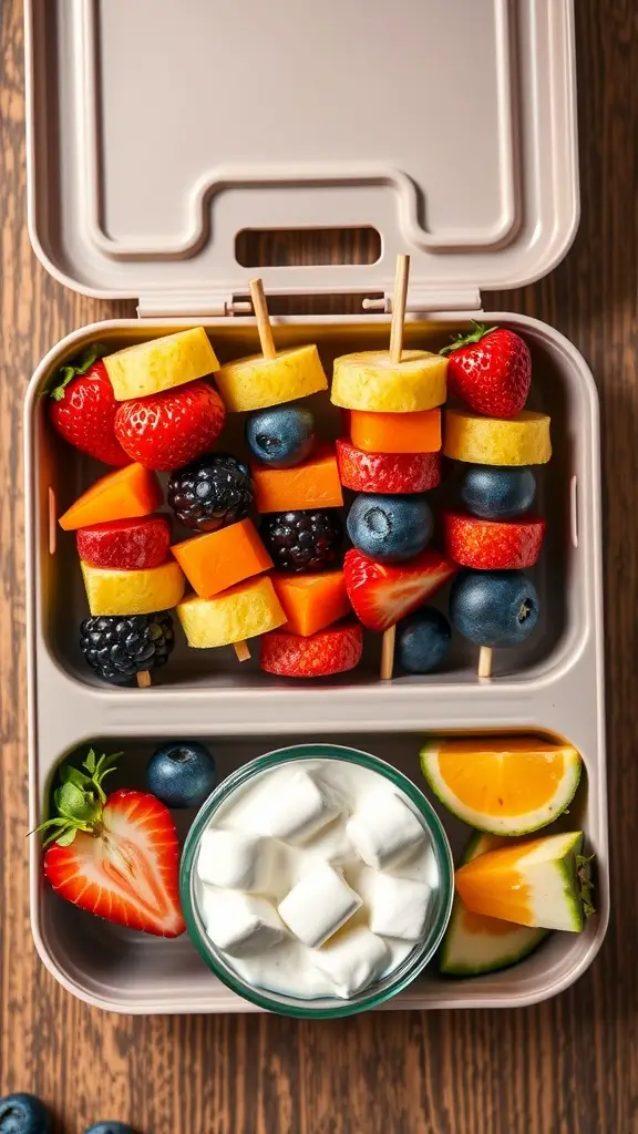 Colorful fruit kabobs with a marshmallow dip in a lunch box