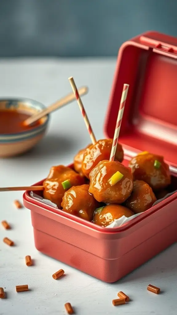 A vibrant red lunch box filled with sweet and sour meatballs, garnished with green onions, and a small bowl of sauce on the side.