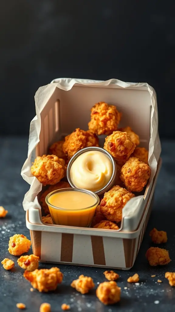 A box of crispy popcorn chicken bites with dipping sauces