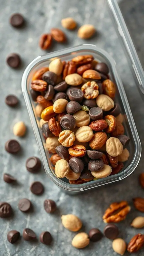 A colorful homemade trail mix with nuts, dried fruits, and chocolate chips in a glass container.