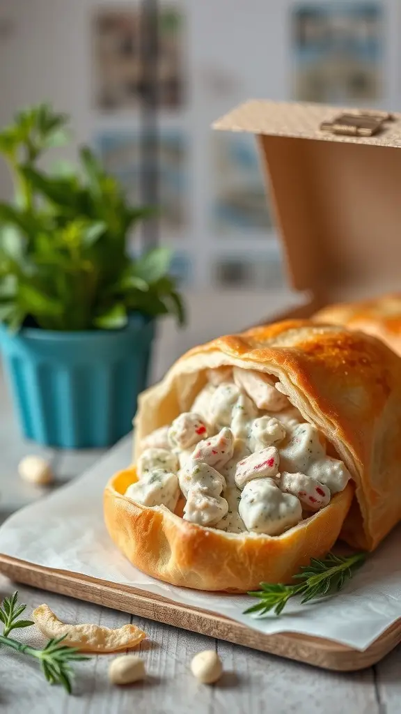 Chicken salad in puff pastry served in a lunch box