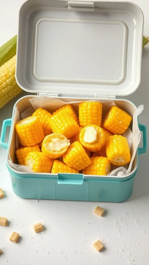 A lunch box filled with bite-sized corn on the cob pieces, ready for kids' lunch.