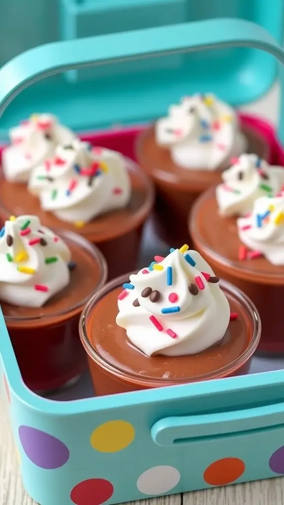 Chocolate pudding cups topped with whipped cream and sprinkles in a container.