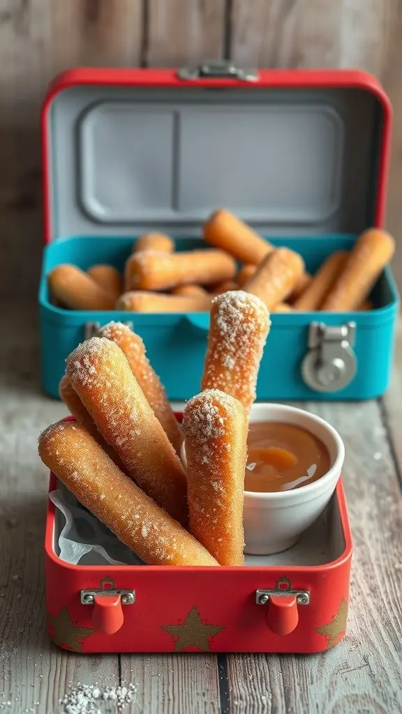 Cinnamon sugar toast sticks in a lunch box with caramel sauce
