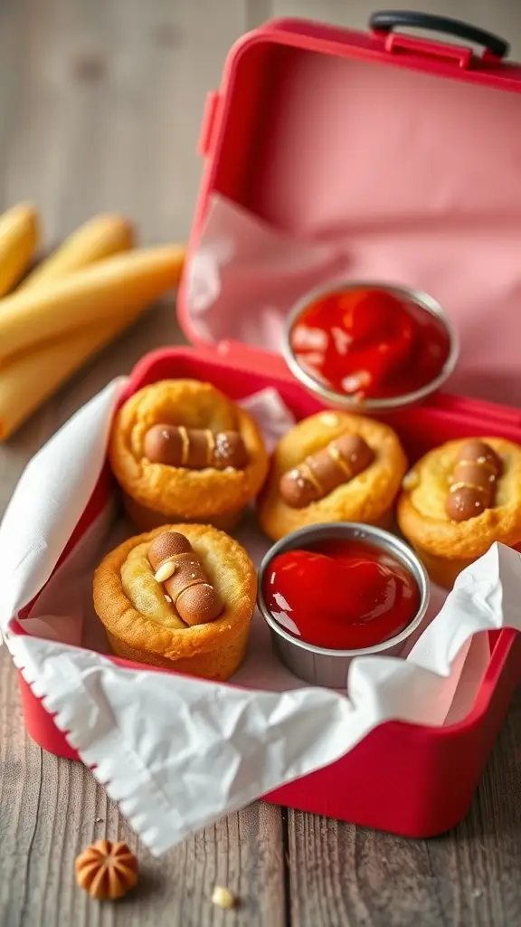 Mini corn dog muffins in a red lunch box with ketchup
