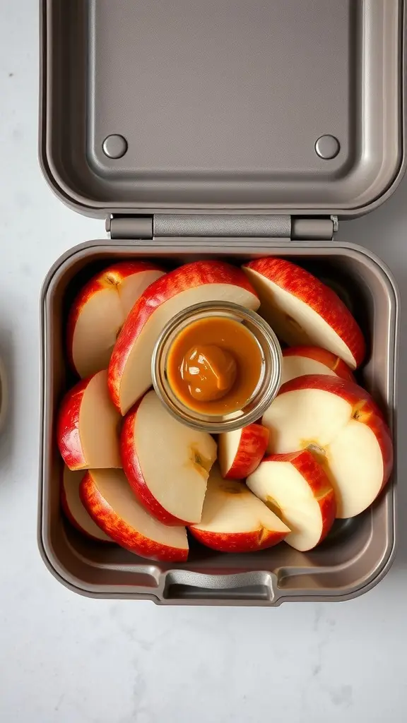 Sliced apples with caramel dip in a lunch box