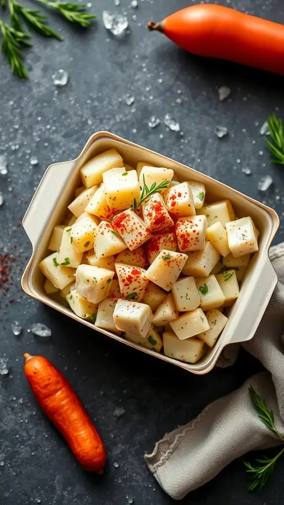 A bowl of classic potato salad with diced potatoes, sprinkled with paprika and garnished with herbs.