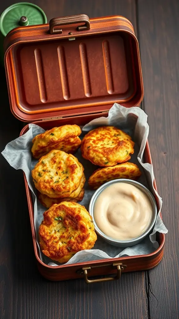 A lunch box filled with zucchini fritters and a creamy dip.