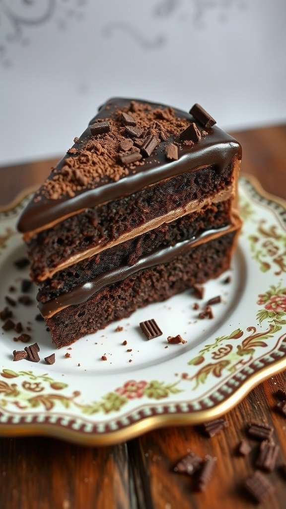 A slice of classic old fashioned chocolate cake with chocolate ganache on a decorative plate.