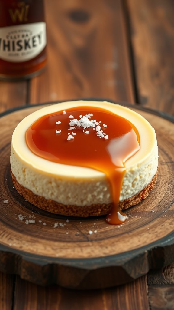 A cheesecake topped with whiskey caramel sauce and a sprinkle of sea salt, placed on a wooden board.
