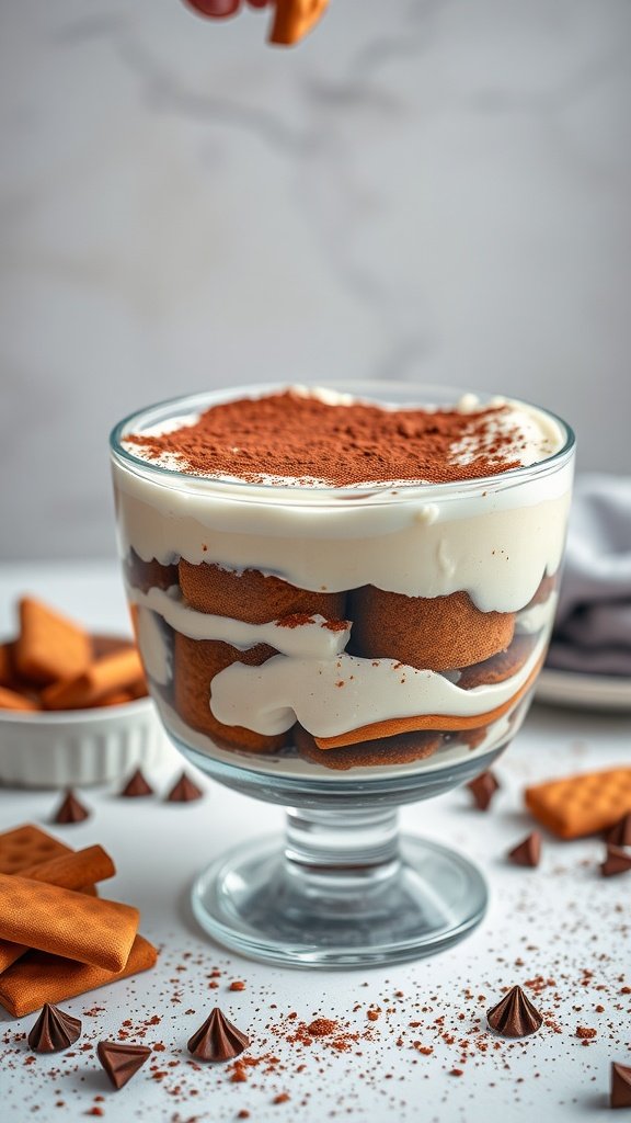 A delicious tiramisu dessert layered with espresso soaked ladyfingers and topped with cocoa powder.