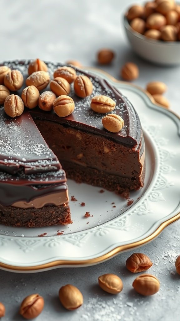 A rich chocolate hazelnut torte topped with hazelnuts and dusted with powdered sugar.